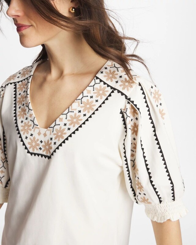 Embroidered Smocked-Sleeve Tee - image 4